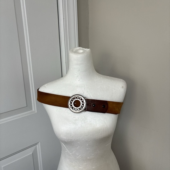 Brown Suede Wide Women’s Belt with Silver Circular Buckle Boho style - Picture 2 of 3